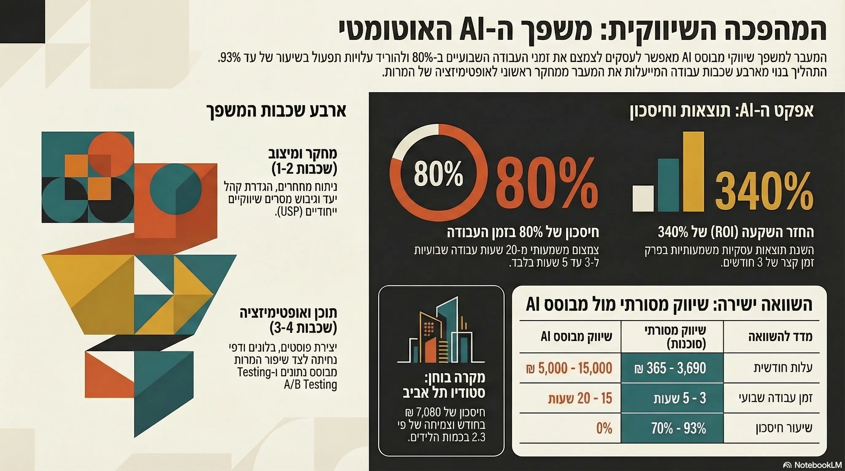 אינפוגרפיקה: משפך שיווקי AI — 4 שכבות מ-15-20 שעות ל-3-5 שעות בשבוע