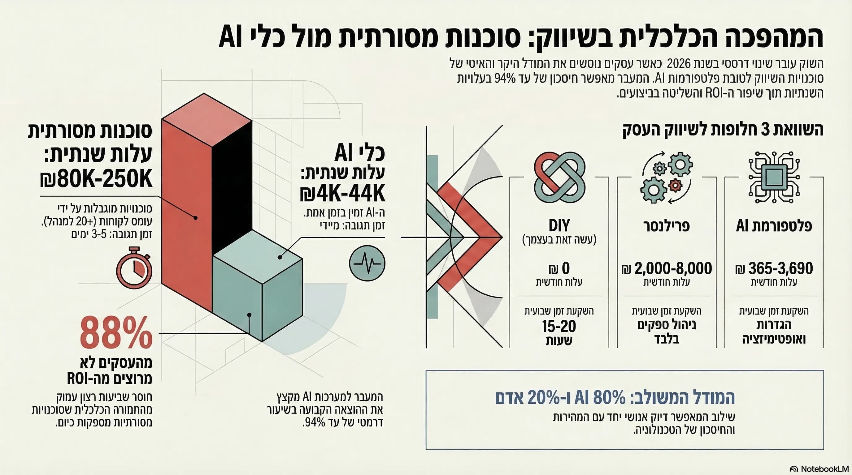 אינפוגרפיקה: השוואת עלויות סוכנות שיווק מול פלטפורמת AI, חיסכון של עד 94%