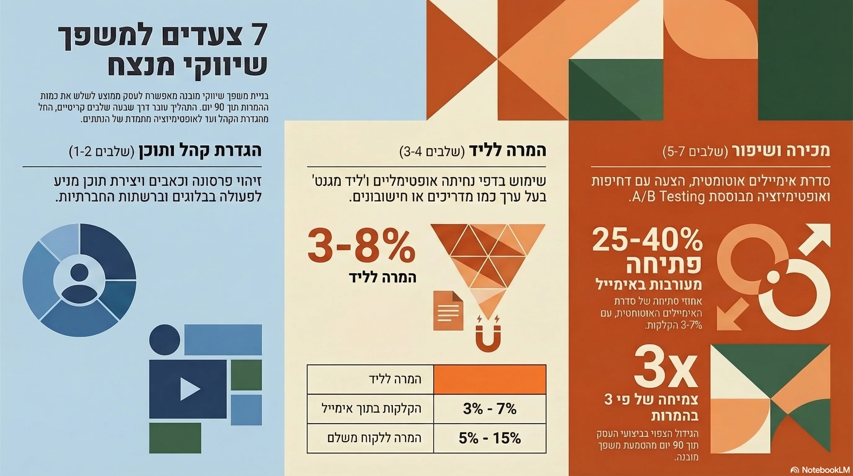 אינפוגרפיקה: 7 צעדים לבניית משפך שיווקי, מקהל יעד ועד אופטימיזציה